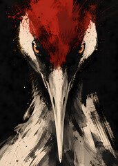Obraz premium Intense Red Crowned Crane Ink Portrait