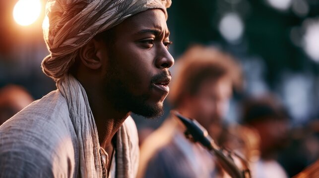 Male saxophonist focused while performing on outdoor stage. Jazz Appreciation Month