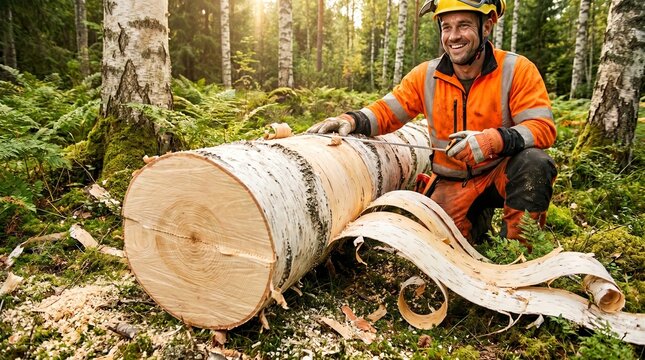 Male lumberjack smiling while kneeling by cut tree in forest  