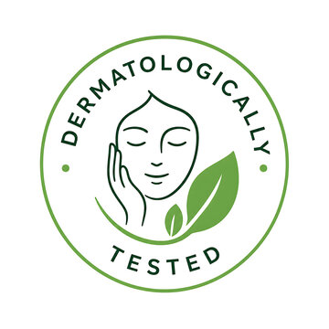 Dermatologically Tested Skincare Certification Seal with Woman Face and Leaf Illustration