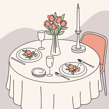 Romantic table setting illustration with candle and flowers romantic illustration interior