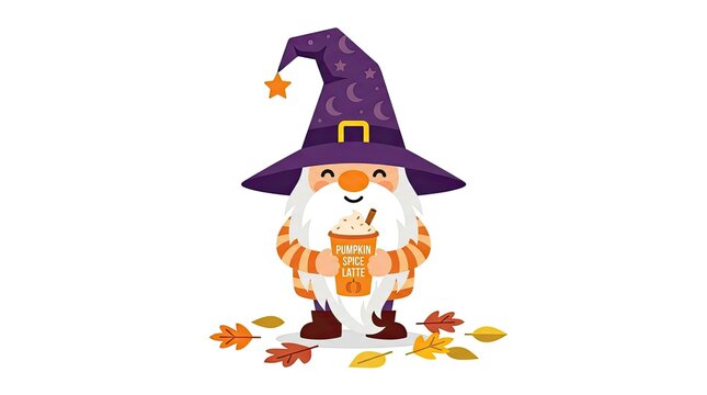 Halloween gnome with pumpkin spice latte on a spooky autumn day