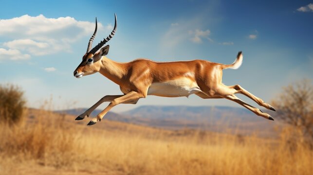 Impala jumping in the air over savanna