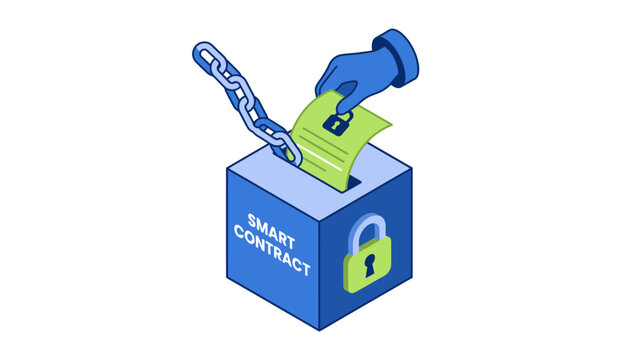 Smart contract concept with hand putting paper into blue box with padlock
