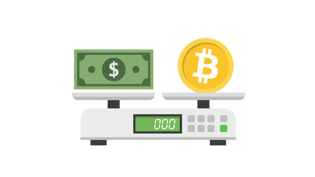 Flat illustration of a scale comparing dollar bill and bitcoin on white background