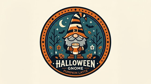 Halloween gnome enjoying pumpkin latte on spooky night