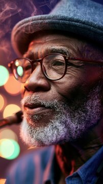 Elderly musician smiling while playing saxophone in smoky club. Jazz Appreciation Month