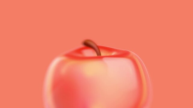Detailed close up shot focuses on the stem of a glossy glass apple over a vibrant coral background in a high end 3D rendering sequence