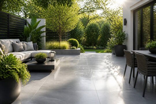 Modern outdoor seating arranged on tiled patio in garden