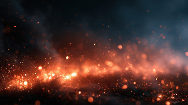 Glowing embers scattering across dark smoky ground surface