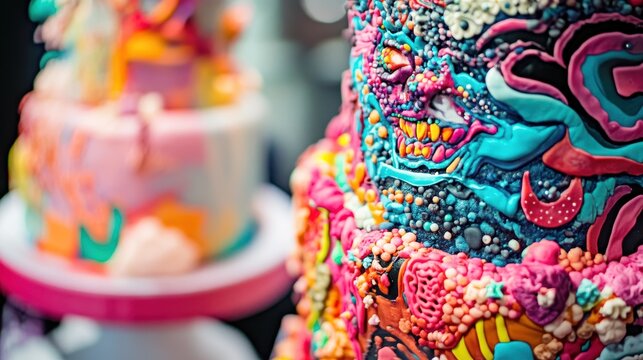 Cakes decorated with vibrant icing and intricate textures stand on display as a colorful dessert centerpiece.