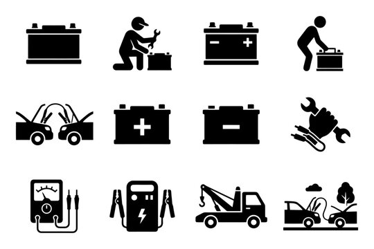 Battery and auto maintenance icons set with tools and vehicles.
