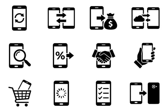 Mobile icon set: sync, transfer, payment, cloud, search, percentage, handshake, shopping.