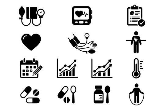Health and medical icons: blood pressure, heart, medication, growth charts.