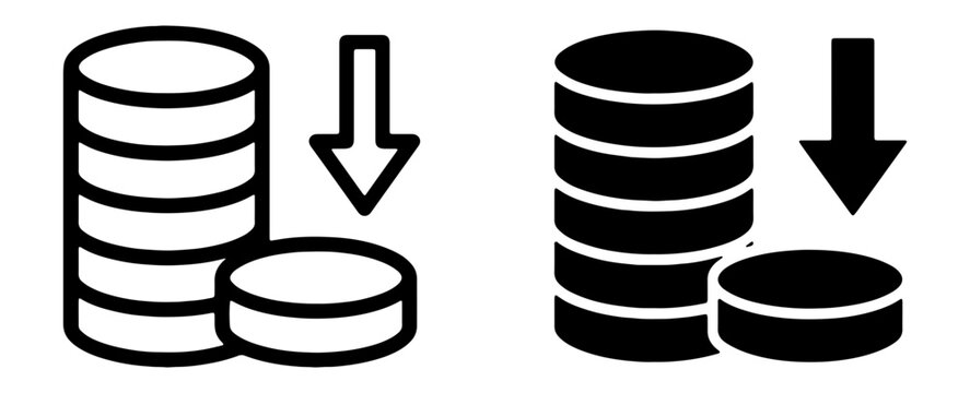 Coin Stack Down Arrow Icon, Financial Loss Vector, Money Decrease Symbol