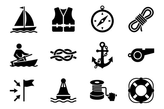 Nautical icons collection featuring sailboat, life jacket, compass, rope, anchor, lifebuoy, and more.