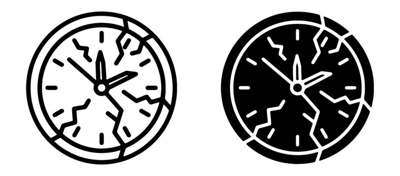 Broken Clock Icons, Time Management Failure, Deadline Stress, Time Out Symbol