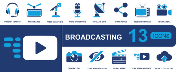 Broadcasting icon set. Containing headset, press badge, microphone, radio mic, satellite dish, television, video camera, clapperboard, livestream and more. Solid fill vector icons. © Emily