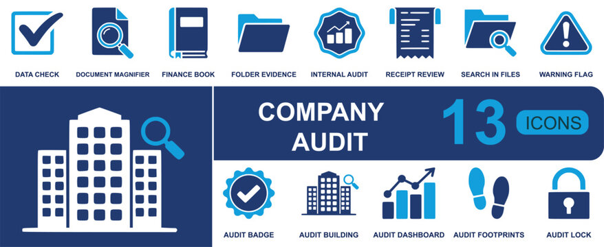 Company audit icon set. Containing data check, document scan, finance book, evidence folder, internal audit, receipt review, file search, warning alert and more. Solid fill vector icons.