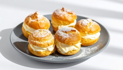 Fototapeta premium Delicious Homemade Cream Puffs Dusted with Powdered Sugar on a Grey Plate