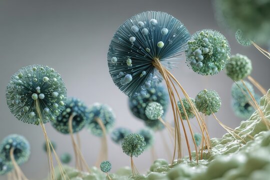 Educational 3D render showing Penicillium mold structures with conidia and hyphae