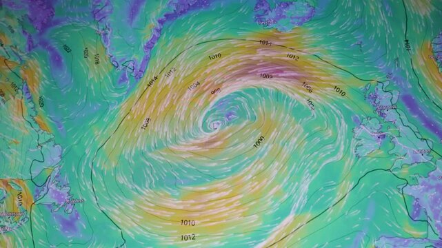 Computer screen view with visible pixels showing Atlantic storm system tracking for weather, danger, health, caution, strong wind, and emergency news visuals.