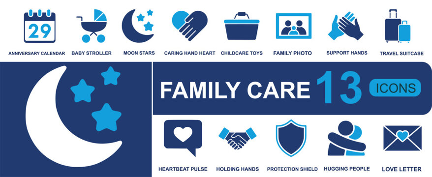 Family care icon set. Containing anniversary date, baby stroller, moon stars, caring hand, family photo, support hands, protection shield, hugging people and more. Solid fill vector icons.