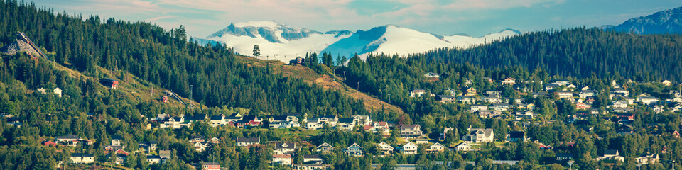 Fototapeta premium Panoramic view of fjord and Mo i Rana city. Norway