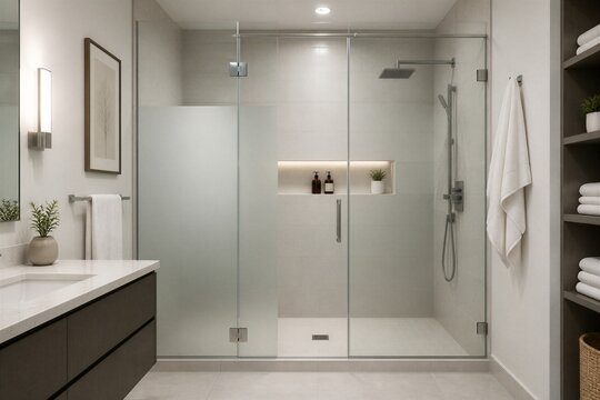 Modern glass shower enclosure installed in bathroom interior