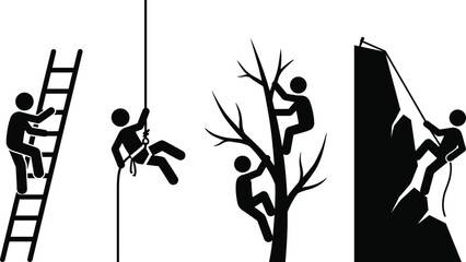 Naklejka premium Climbing activities and height safety icon set with stick figure silhouettes scaling ladder rope tree and mountain vector illustration