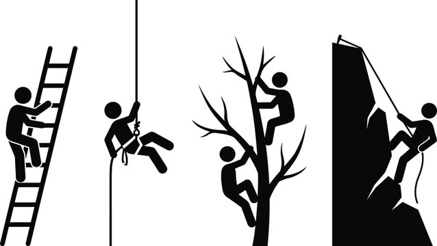 Climbing activities and height safety icon set with stick figure silhouettes scaling ladder rope tree and mountain vector illustration