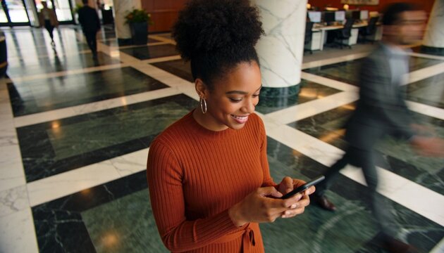 Smiling Black woman using smartphone in a modern office lobby. Professional young woman with afro puff hairstyle texting on mobile phone in corporate building. Connectivity and communication concept