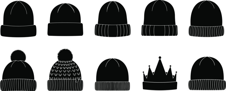 Collection of winter beanie hats and crown silhouettes in black color on white background, fashion accessory cad drawing flat 