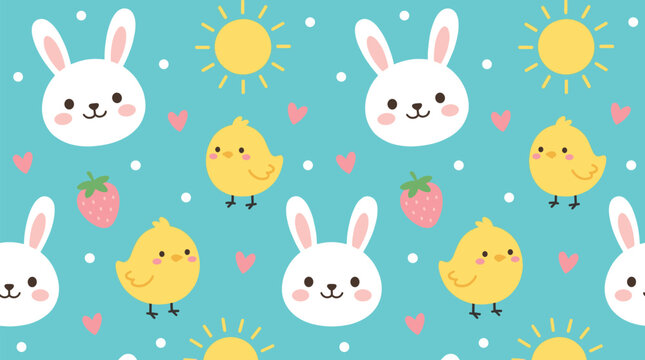 Cute seamless pattern with white bunny faces yellow chicks suns and strawberries on turquoise background