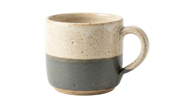 Rustic ceramic coffee mug with dual tone glaze isolated on transparent background for hot beverage cup.