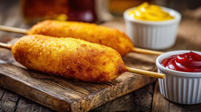 Crispy fried corndog served with mustard and ketchup, close-up food photography