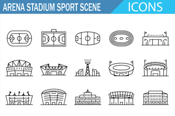 Arena stadium sports scene outline icon set with fields, courts, stands, tracks, domes and venue symbols for tournament design © MDSUMON