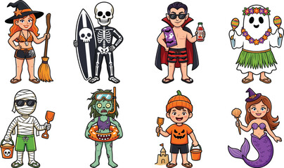 Fototapeta premium Group of costumed characters enjoys a fun tropical beach vacation this summer.