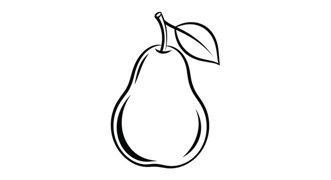 Simple and clean black and white outline drawing of a pear with a single attached leaf, ideal for minimalist designs.