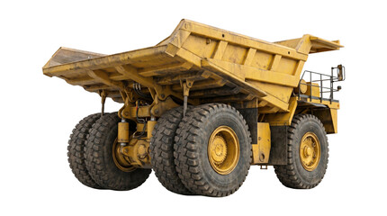 Yellow dump truck heavy mining equipment construction vehicle industrial dumper machinery side profile view. © Png ProTeam