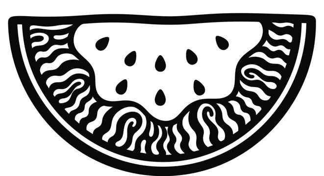 Artistic black and white illustration of a watermelon slice, adorned with abstract wavy and tribal-inspired patterns.