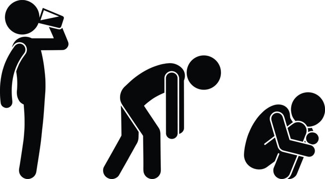 Physical exhaustion, dehydration, and fatigue icon set with stick figure silhouettes drinking water bending over and curling up vector illustration