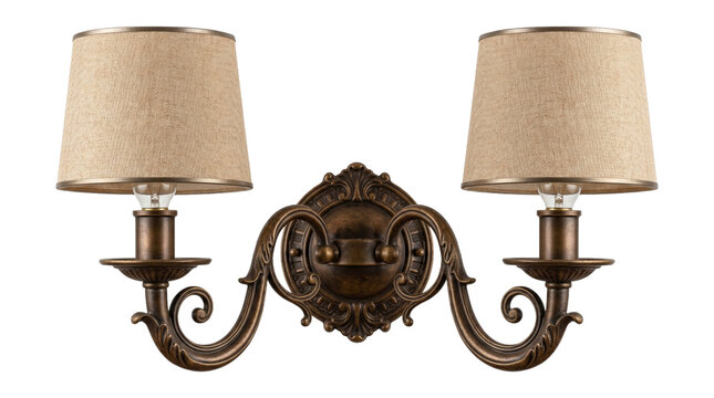 Vintage style wall sconce with double lamps and antique bronze finish isolated on transparent background.
