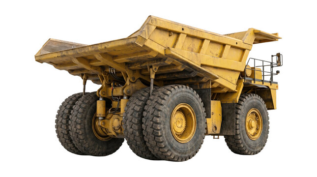 Yellow dump truck heavy mining equipment construction vehicle industrial dumper machinery side profile view.