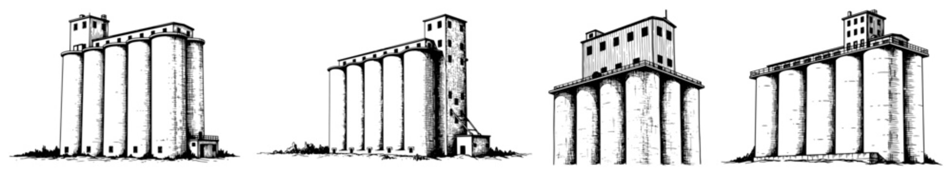 Industrial grain elevators and farm silos in vintage hand drawn sketch style