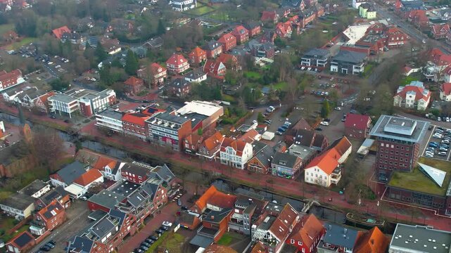 Aerial view beside the old town above the city Papenburg in Germany, on a sunny noon in autumn.