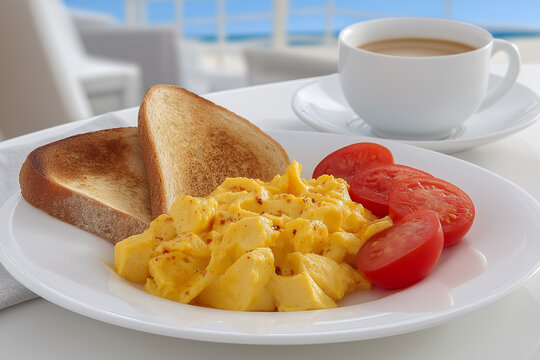 Breakfast plate featuring scrambled eggs, sliced tomatoes, and toasted bread served with a cup of coffee on a table with a beach view in the background
