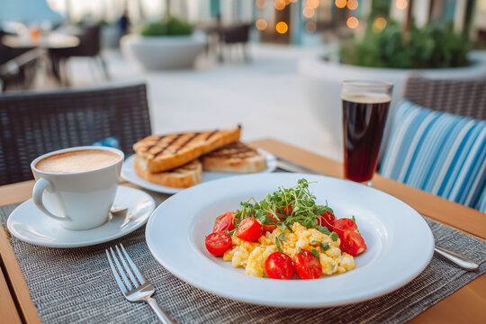 Breakfast table setting featuring scrambled eggs with cherry tomatoes, toasted bread, coffee, and dark beer in a modern outdoor dining area