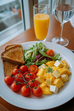 Breakfast plate featuring scrambled eggs, cherry tomatoes, salad, toast, and beverages including orange juice and water in a bright indoor setting
