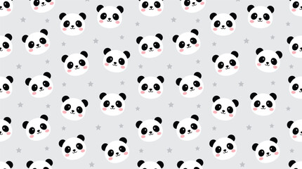 Seamless pattern with cute cartoon panda faces and tiny stars vector illustration on light gray background © Azizul